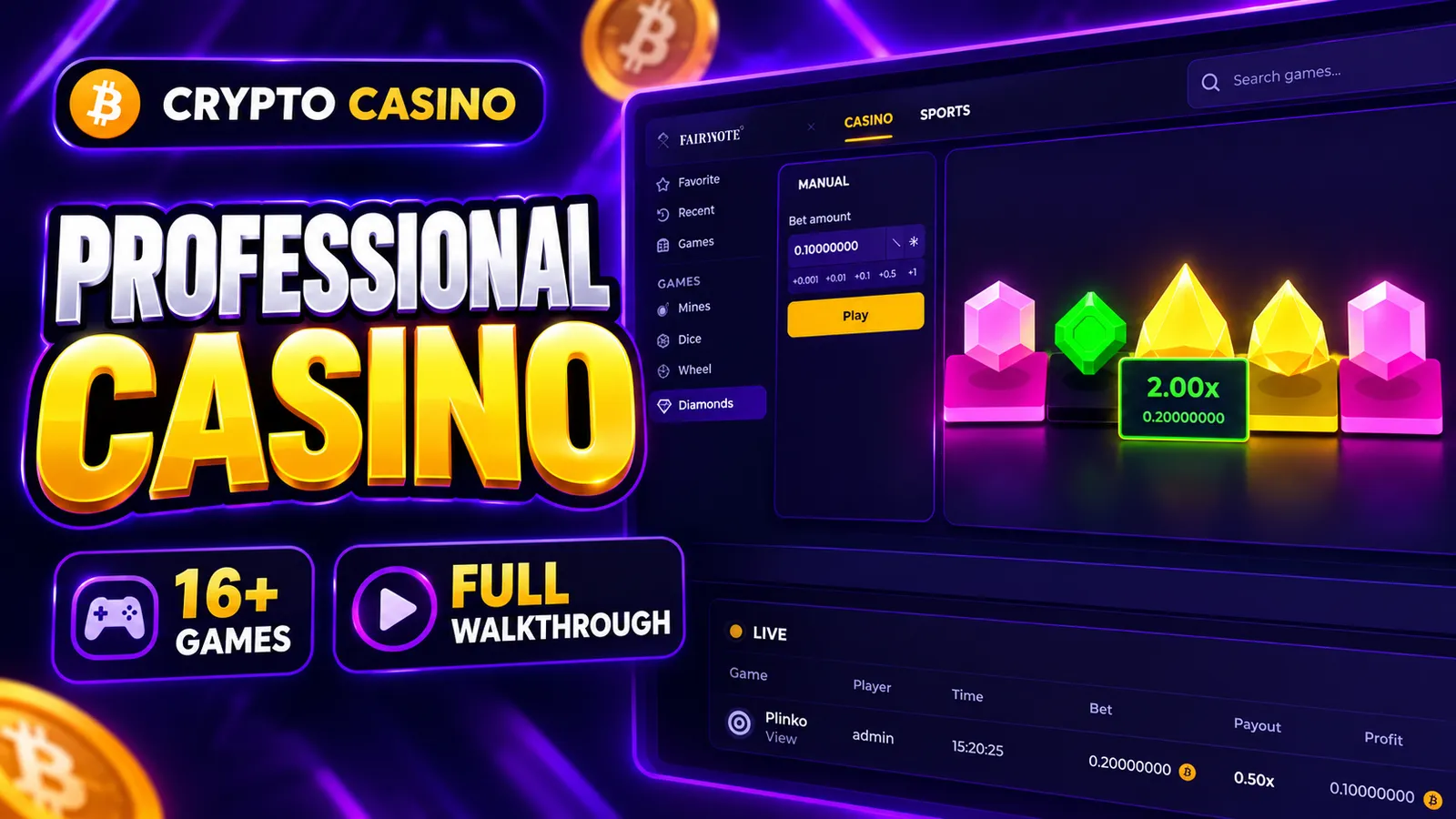 Casino Rivemont crypto casino platform showing the game lobby, live bets table and 16+ games